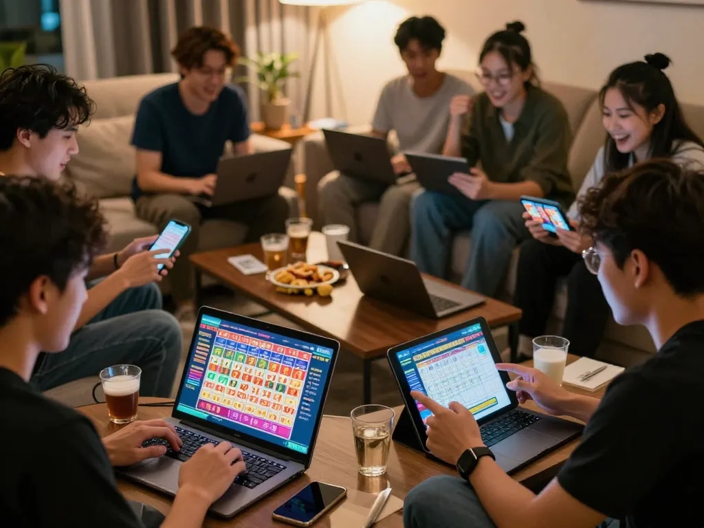 Pemain yang terlibat menjelajahi keseruan toto togel di perangkat mereka dalam suasana rumah yang meriah.