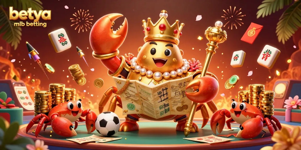 Engage in betya mlb betting with a vibrant 3D scene of a golden crab emperor, sports elements, and festive decorations.
