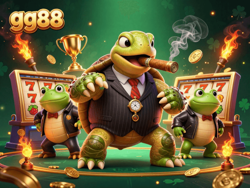 Spin and win with gg88's exciting slots featuring a playful snapping turtle and bullfrog enforcers.