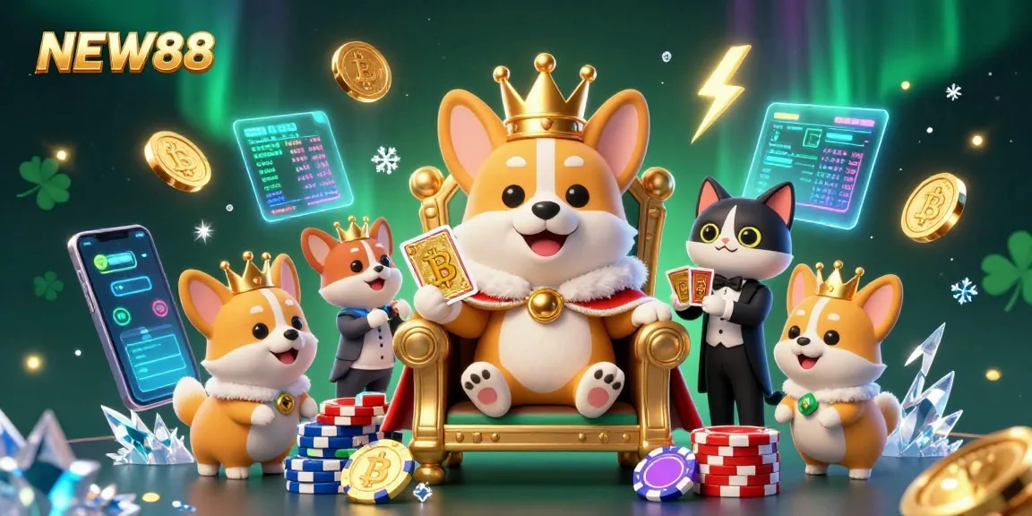 Play exciting games and win at NEW88 with an animated 3D casino scene showcasing crypto elements and playful characters.