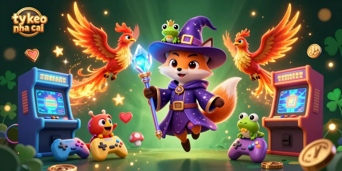 Bet on ty le keo nha cai with a wizard fox, phoenix, and enchanting casino elements in a vibrant scene.