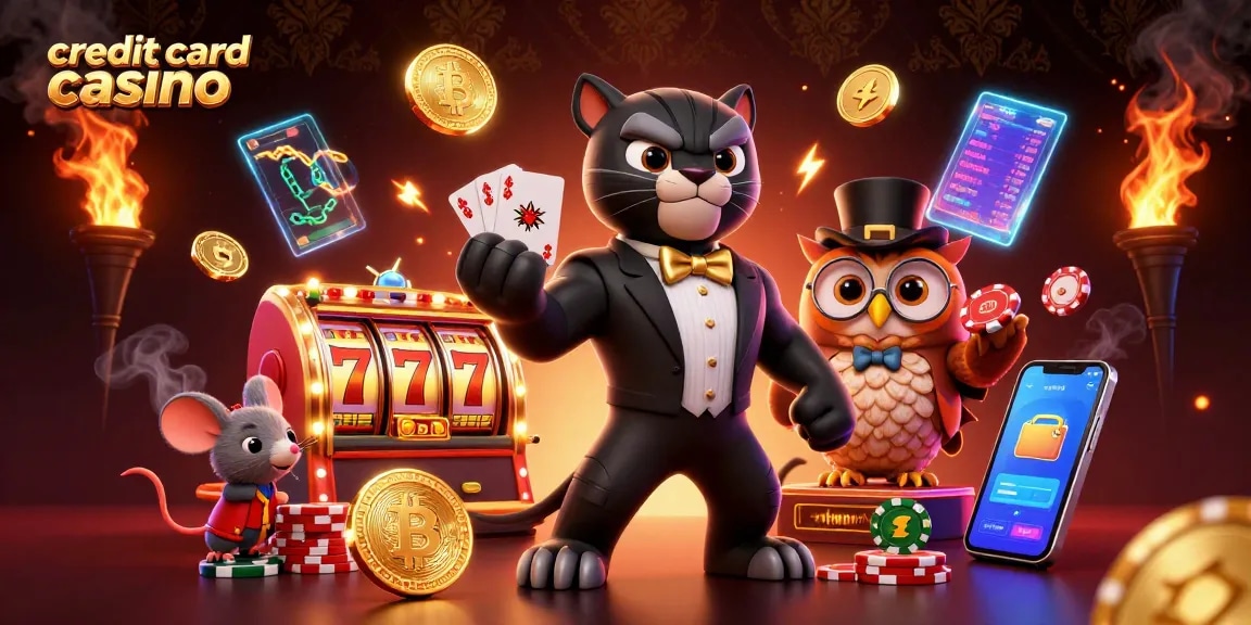 Experience the thrill of a credit card casino with a stylish panther, cute owl, and lucky mouse in this vibrant 3D scene.