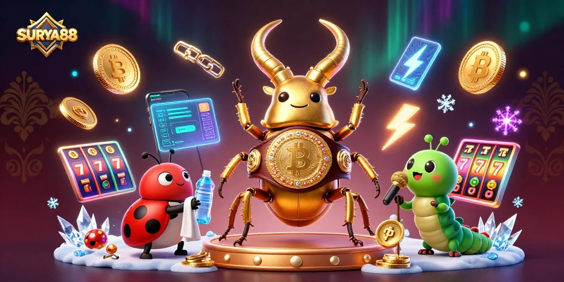 SURYA88 showcases an exciting 3D casino scene featuring a golden stag beetle and gaming elements for thrilling gameplay.