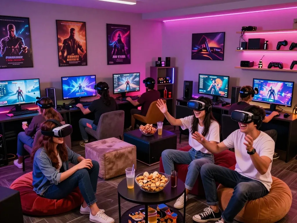 Players enjoying interactive porngame experience in a vibrant lounge atmosphere.