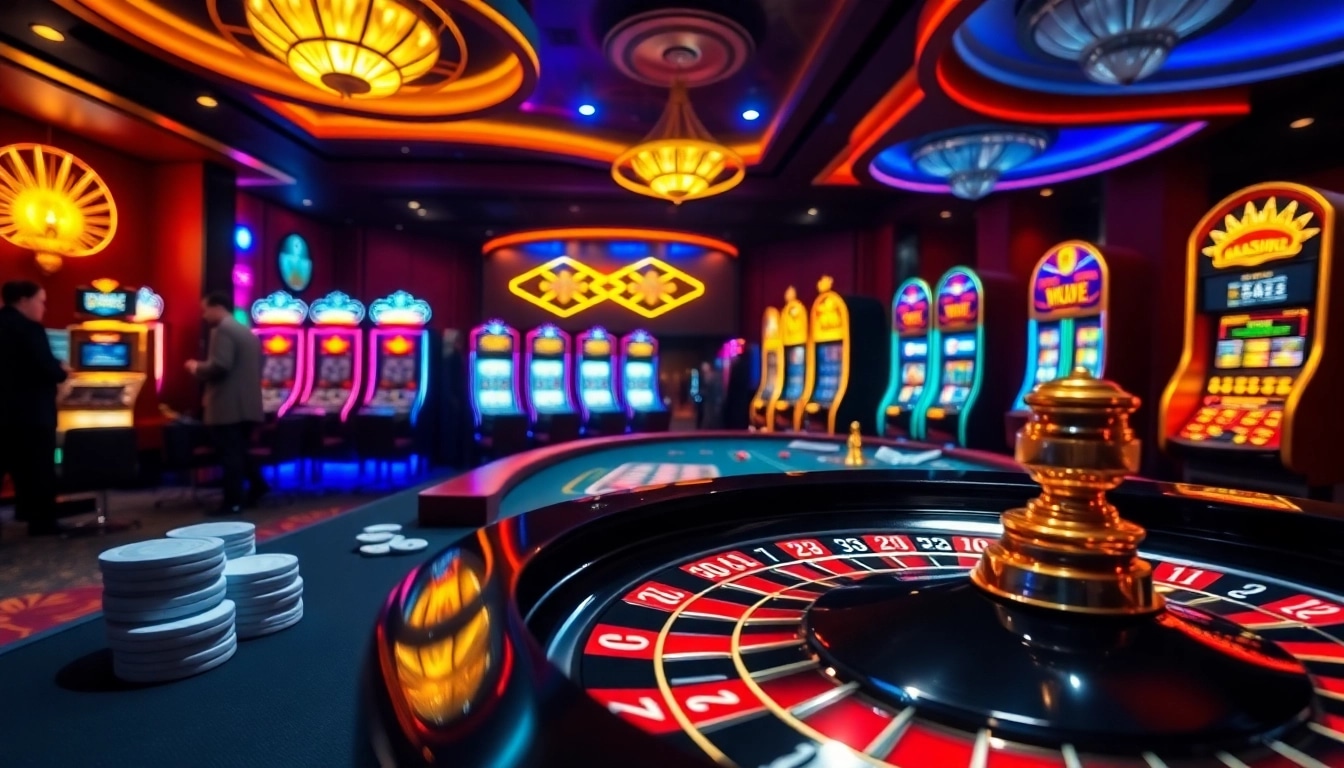 LC88 casino environment showcasing a roulette wheel and poker table with vibrant gaming action.