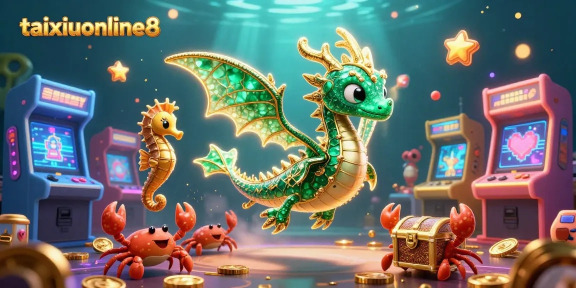 Engage with taixiuonline8's vibrant casino scene featuring a sea dragon and arcade elements in an immersive underwater setting.
