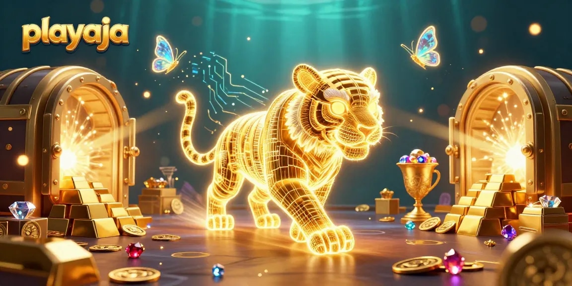 Playaja scene with a golden tiger in a vibrant casino landscape surrounded by treasures.