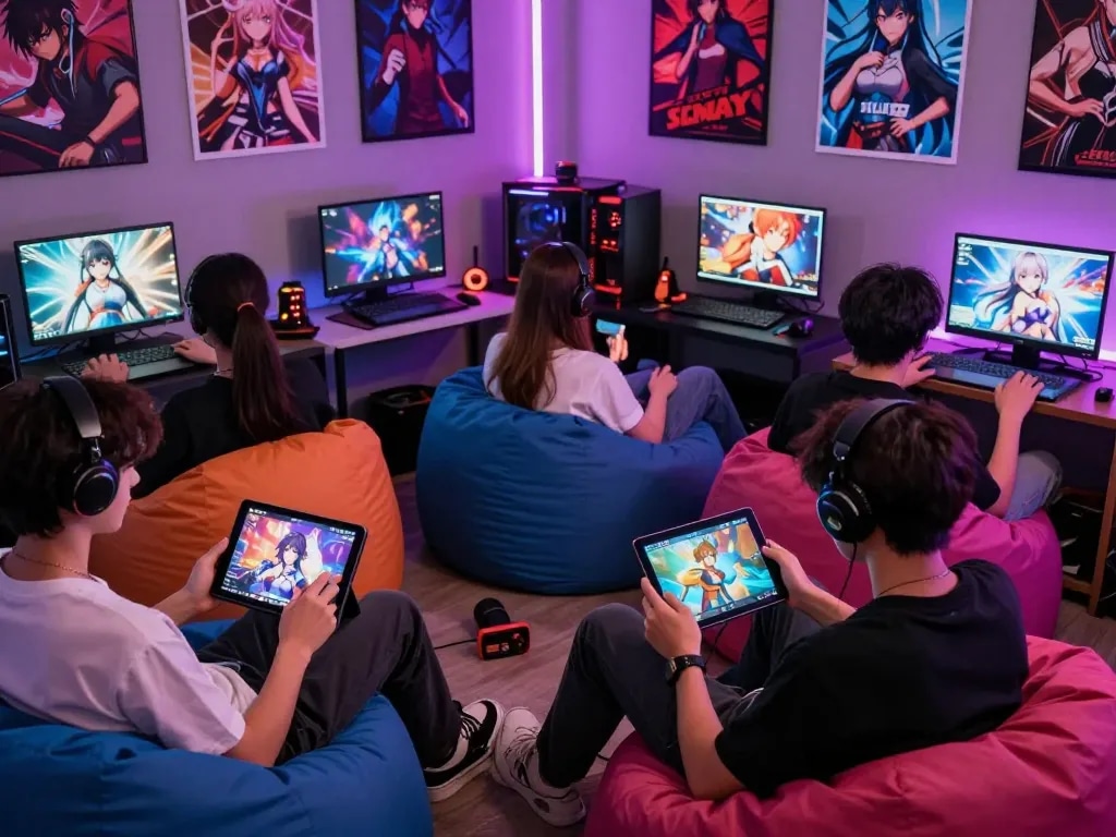 Exciting scene of players enjoying various sex games on devices in a vibrant gaming lounge.