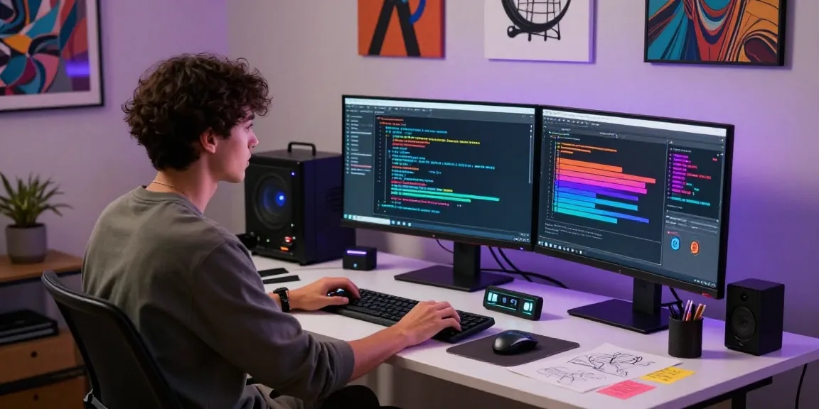 Creative workspace for NSFW AI development with advanced tech and vibrant displays.