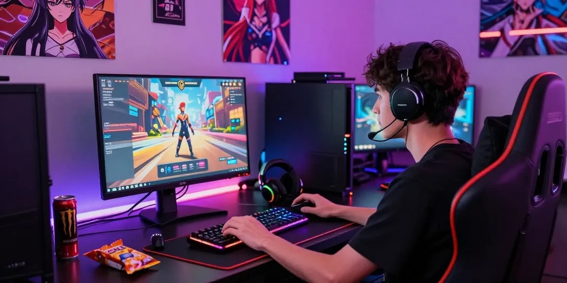 Player immersed in an android hentai game with vibrant gaming setup and dynamic lighting.