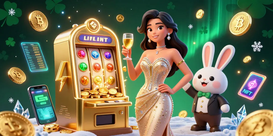 Celebrate big wins with rwin at the casino, featuring vibrant illustrations of jackpot machines and crypto elements.