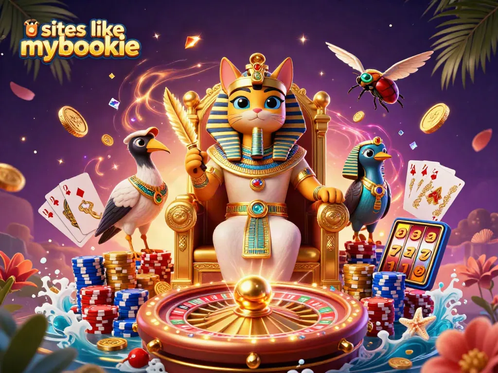 Experience sites like mybookie with this vibrant 3D illustration showcasing casino gaming elements and characters.