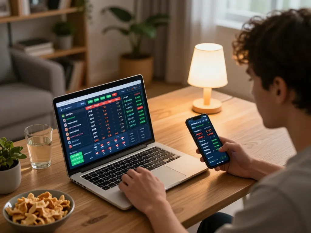 Engaging in sports betting at home with 388bet's live interface on laptop.