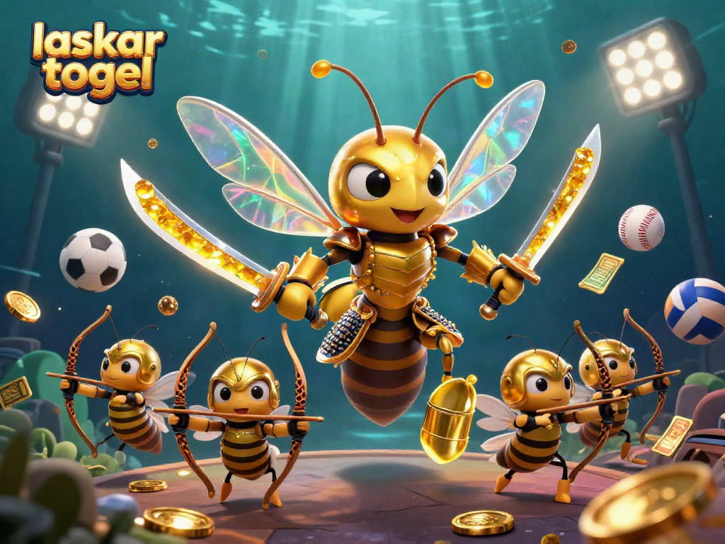 Laskar Togel displays vibrant casino action with a golden hornet samurai and bee archers amidst sports elements.