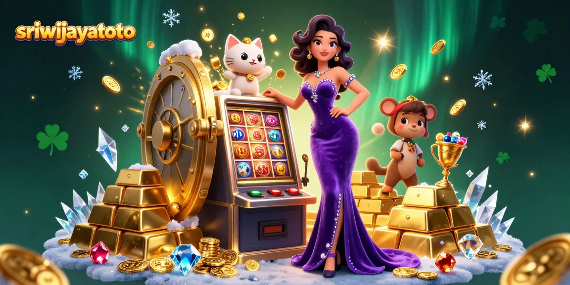Sriwijayatoto showcases a glamorous jackpot scene with a stunning woman, fortune cat, and gold treasures.