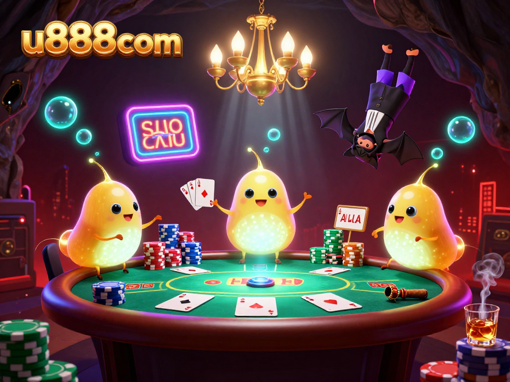 u888com glowworms illuminate a cave casino scene with vibrant poker elements and a bat dealer