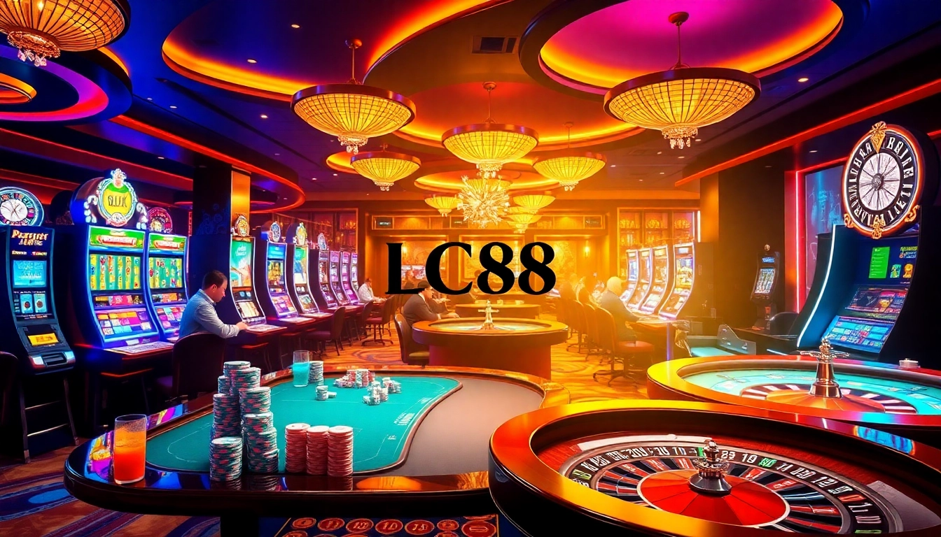 Players experiencing excitement at LC88 casino tables featuring vibrant games and betting action.