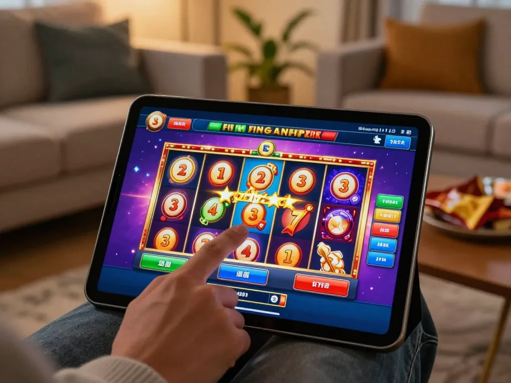 Engaging in situs slot gameplay on mobile tablet, showcasing colorful slot game interface in cozy home setting