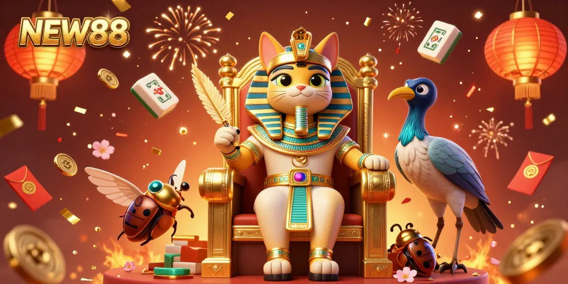 Engage with the thrilling world of NEW88 featuring Egyptian-themed characters amidst casino elements and vibrant celebrations.