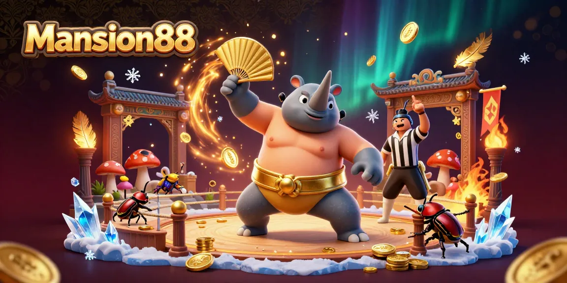 Mansion88 features an epic scene with a rhinoceros beetle champion and cricket referee in a thrilling betting arena surrounded by coins and dynamic particles.