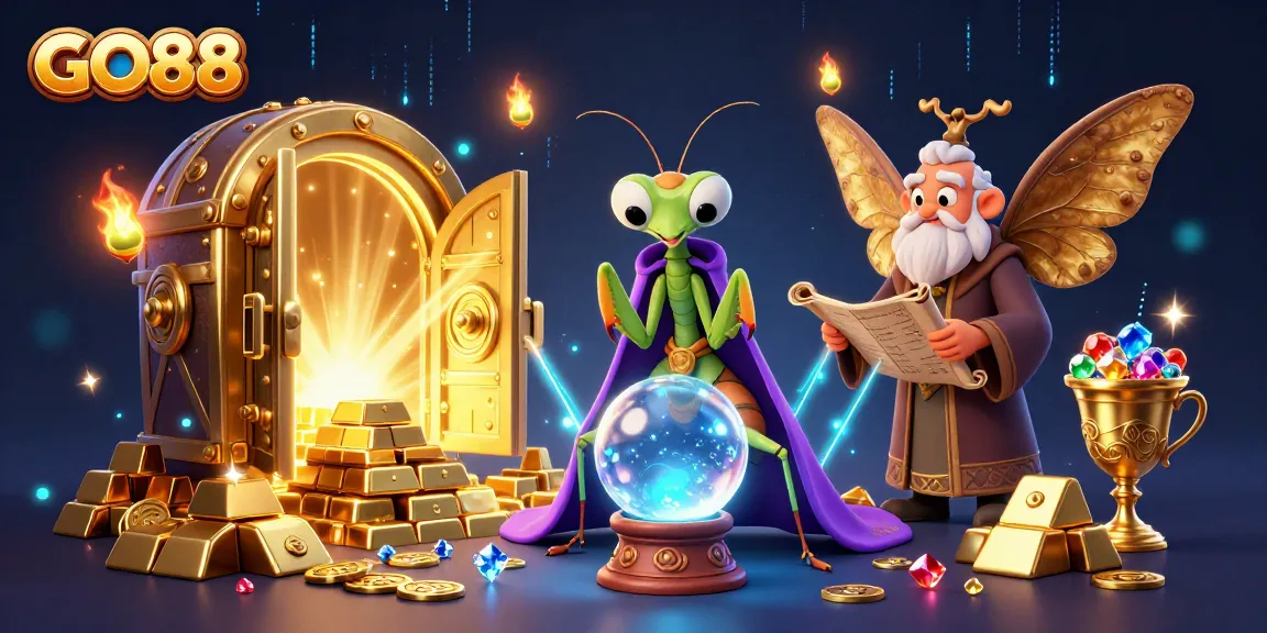 Engage with GO88's thrilling casino experience featuring vibrant game symbols and enchanting characters.