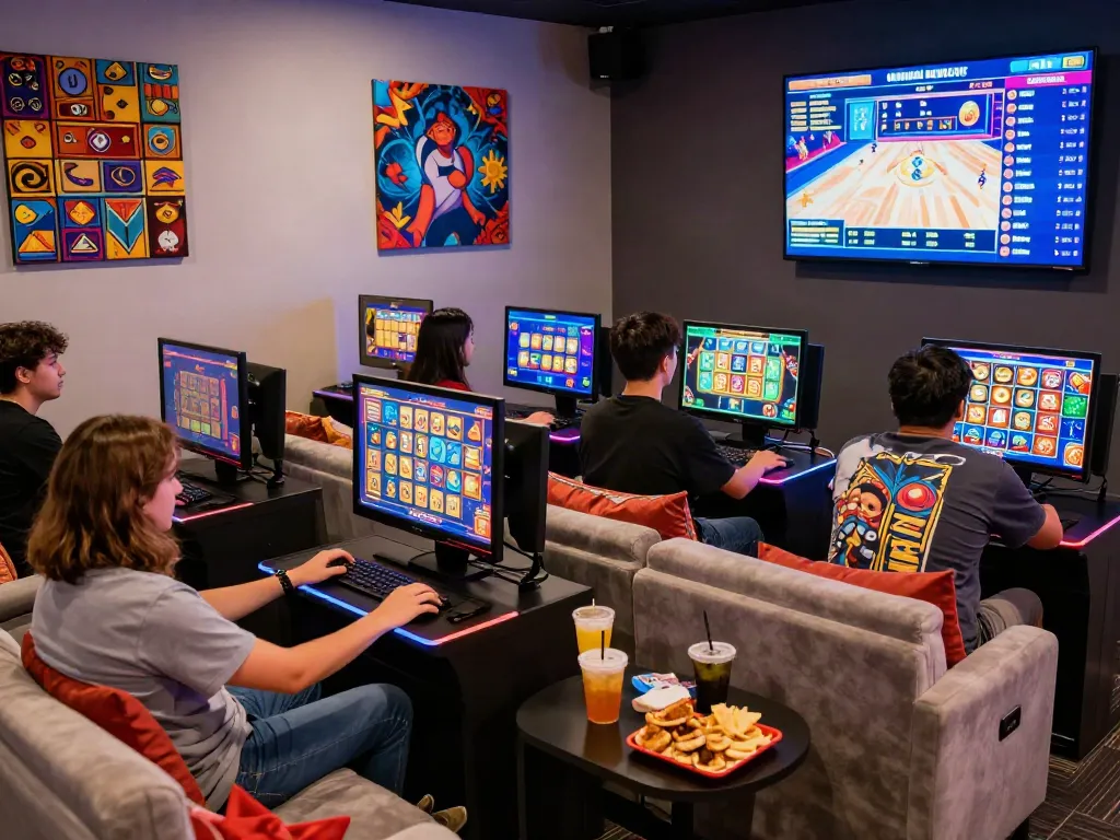 Players enjoying a thrilling slot game session in a modern online gaming lounge with vibrant visuals.