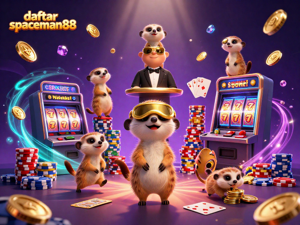 Engage with daftar spaceman88 in a vibrant casino scene featuring meerkats, slot machines, and golden coins.