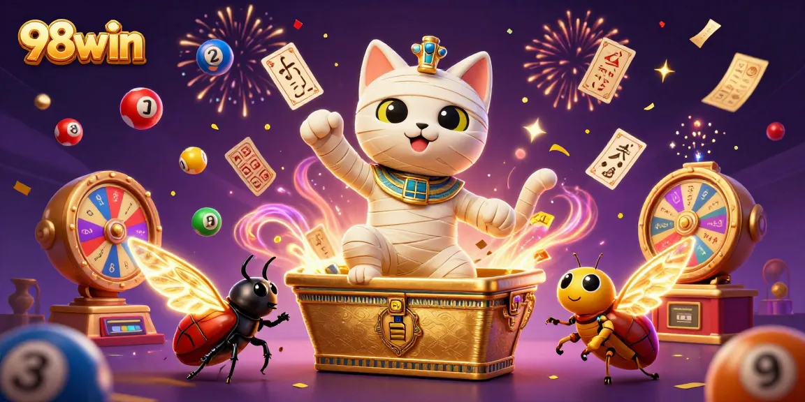 Unleash your luck with the 98win mummy cat bursting from a sarcophagus in a vibrant casino.