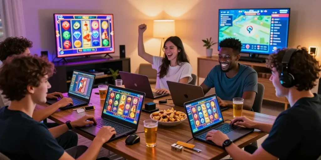 Players enjoying an exciting slot game session with vibrant graphics and snacks in a cozy gaming environment.