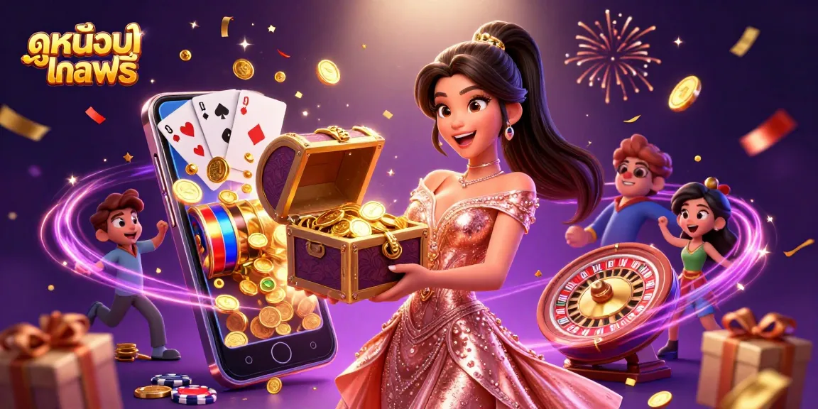 Experience ดูหนังออนไลน์ฟรี with exciting slot reels, gold coins, and vibrant treasures in this thrilling illustration.