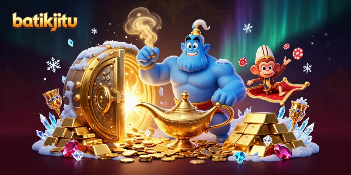 Batikjitu menghadirkan pengalaman bermain kasino yang kaya dengan karakter jin biru, monyet, dan karpet terbang membawa chip poker dalam ilustrasi 3D yang memukau.