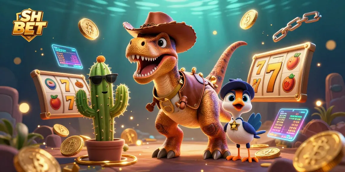 Engage with SH BET's thrilling casino experience illustrated with colorful characters and game symbols.
