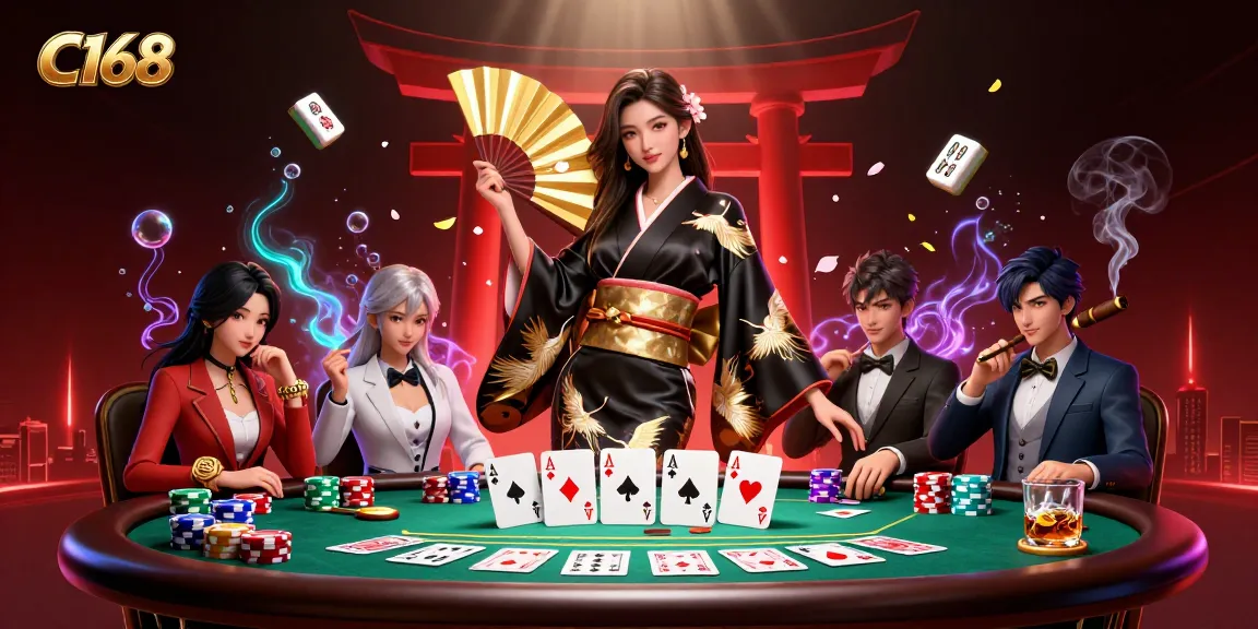 Engage with C168's vibrant casino scene featuring poker elements, a stunning Asian woman, and animated game dynamics.