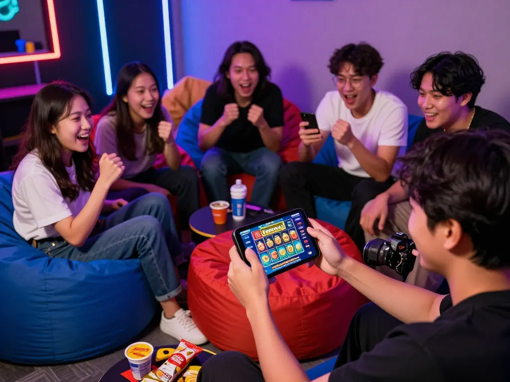 Pemain yang bersemangat merayakan kemenangan jackpot di slot online gacor di lounge permainan yang meriah.