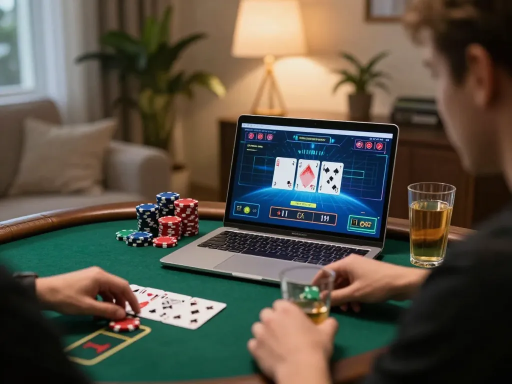 gameradar player's excitement during online poker game session with strategic focus and cozy atmosphere