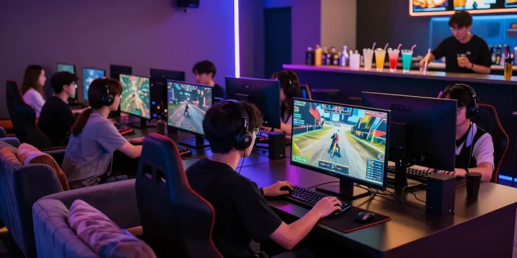 A vibrant gaming lounge atmosphere highlighting akunjp with players enjoying intense online games amid neon lights.