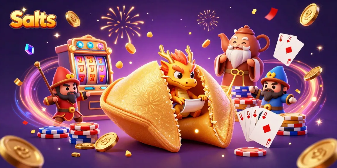 Experience thrilling Slots with a visually dynamic scene of a golden fortune cookie, dragon, and casino elements.