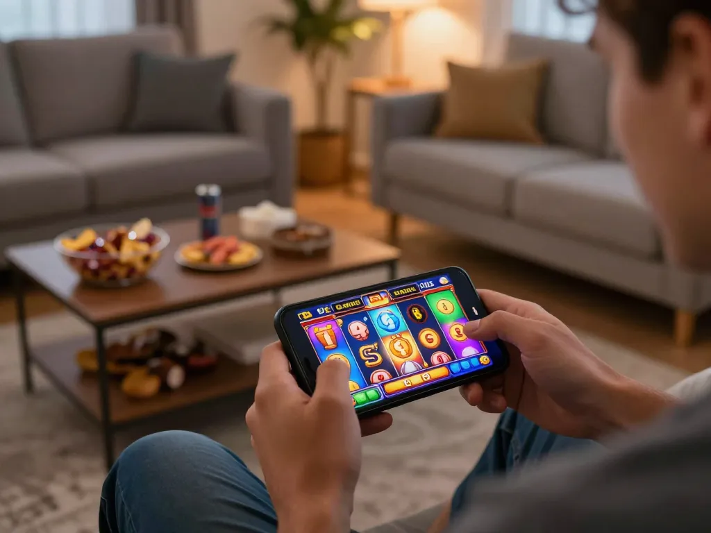 Engaged player enjoying the oli4d alternatif mobile slot game with vibrant graphics and cozy atmosphere.