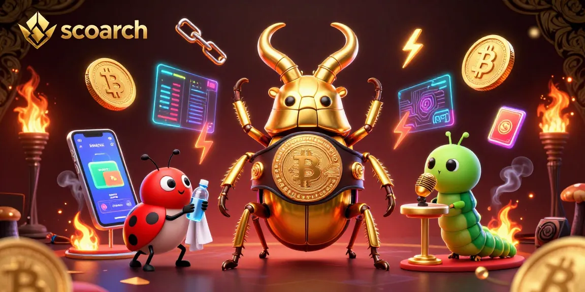 Experience thrilling action at scoarch with a vibrant 3D illustration of a boxing beetle champion and gaming elements.