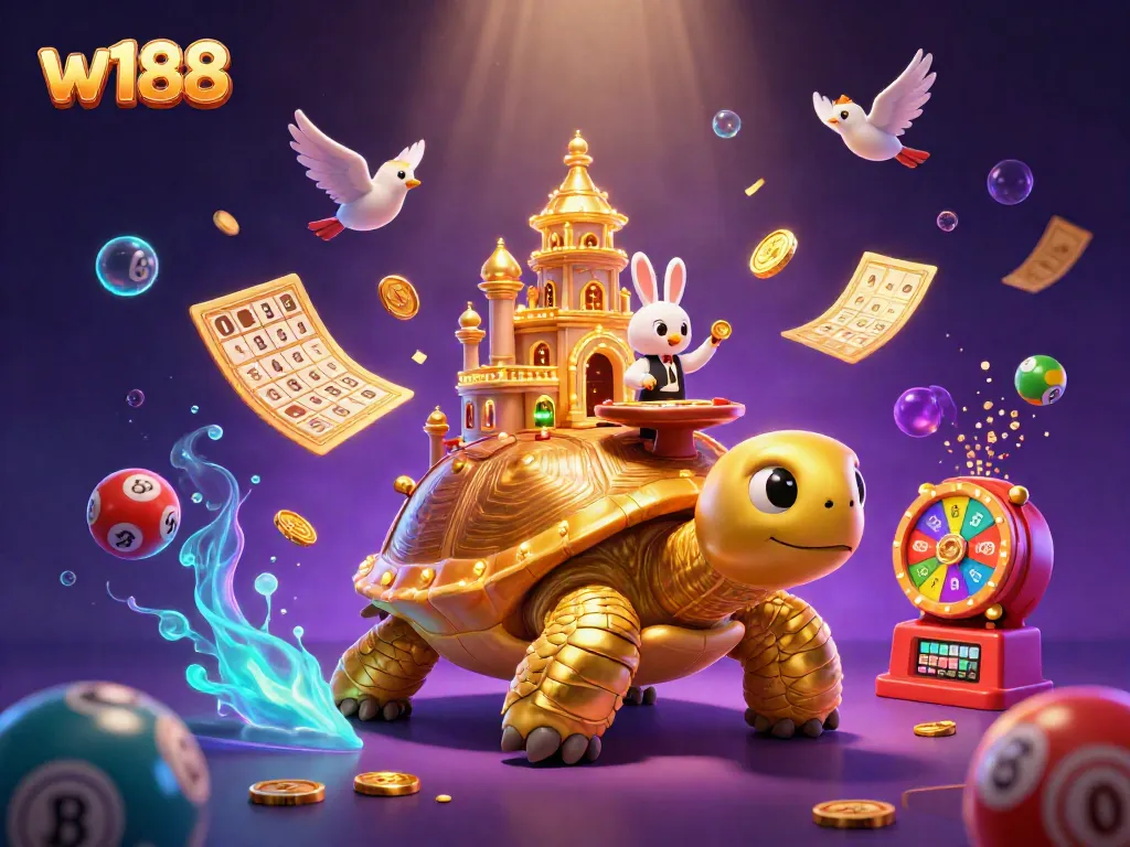 Experience w188 adventure with a vibrant 3D scene featuring a golden tortoise casino and animated lottery elements.