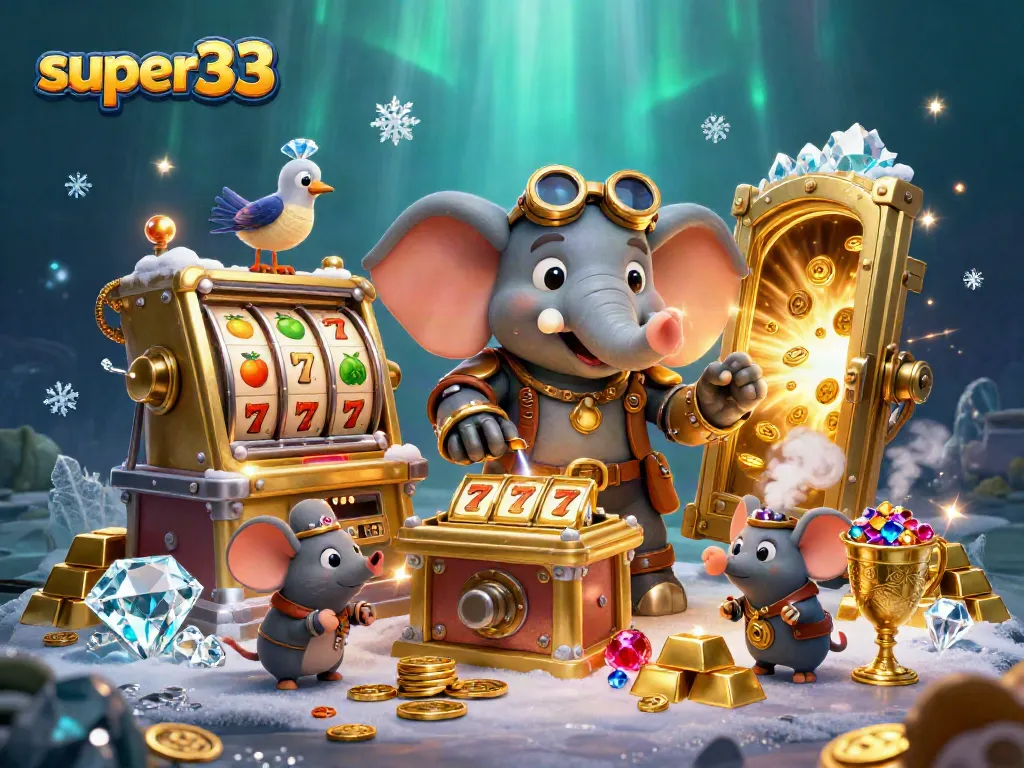 Engage with super33 in this vibrant steampunk casino scene featuring a slot machine and treasures.