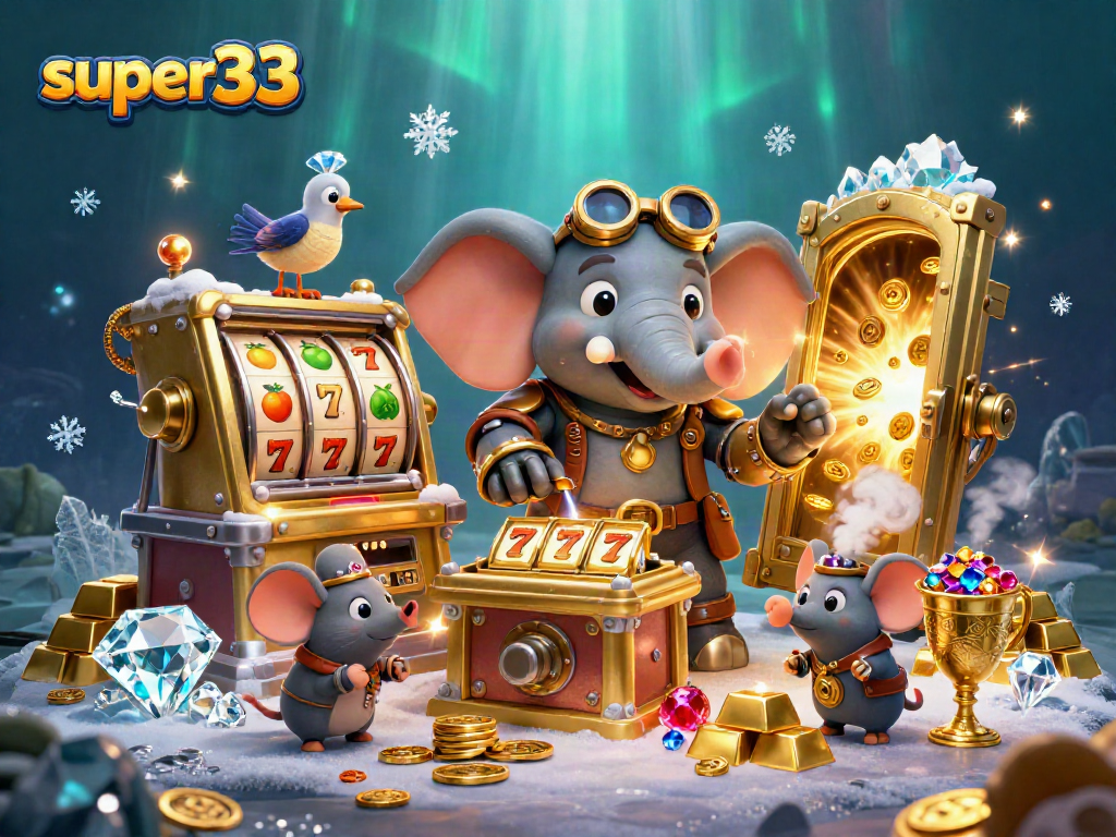 Engage with super33 in this vibrant steampunk casino scene featuring a slot machine and treasures.