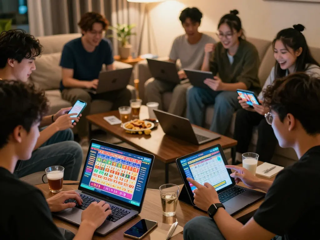 Pemain yang terlibat menjelajahi keseruan toto togel di perangkat mereka dalam suasana rumah yang meriah.