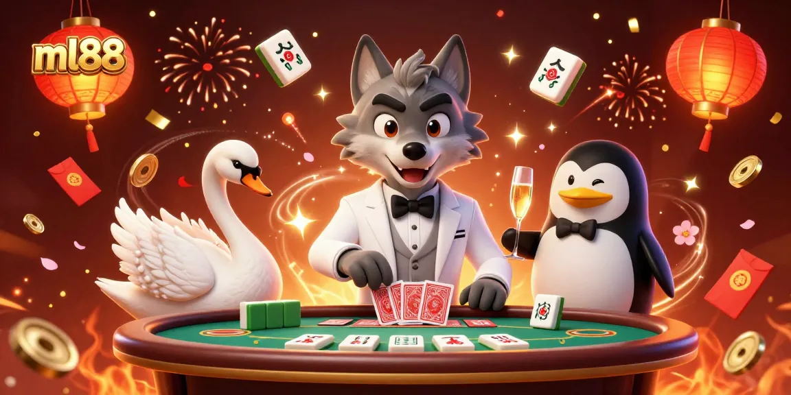 Engage with ml88's vibrant casino scene featuring a stylish wolf, elegant swan dealer, and a penguin sommelier.