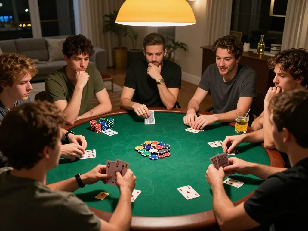 Friends strategizing over poker cards during a home game night with SpinAdvisor recommendations shaping gameplay.