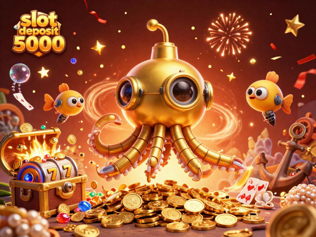 Experience thrilling action with slot deposit 5000 as the golden kraken submarine and mechanical fish celebrate amidst treasure in this vibrant scene.