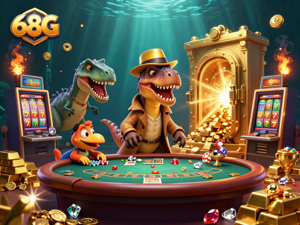 O 68G apresenta um velociraptor tentando contar cartas em uma mesa de blackjack, cercado por tesouros e emoção.