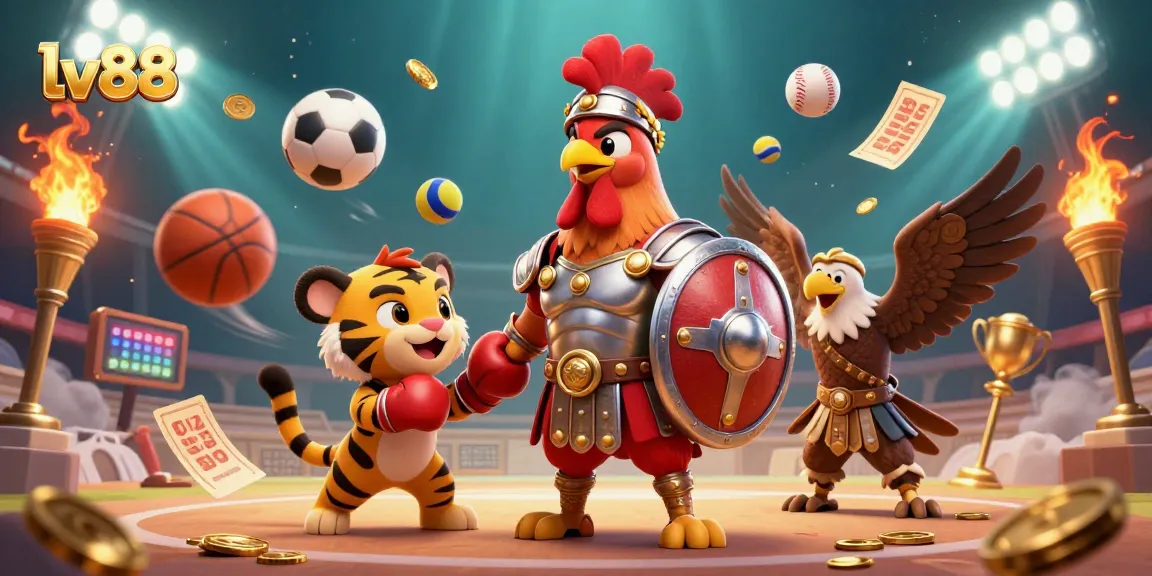 Experience thrilling action at lv88 with a cartoon gladiator rooster and sports elements in a vibrant, detailed scene.