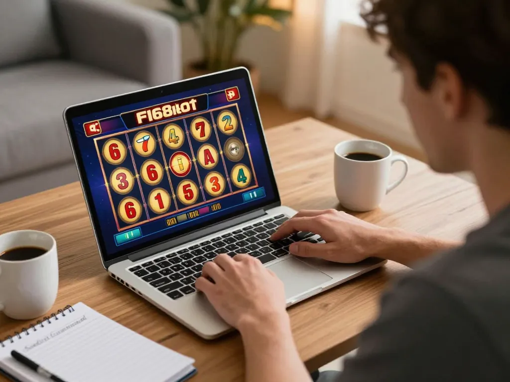 Player spinning f168slot reels on laptop at home, engaging in responsible gaming