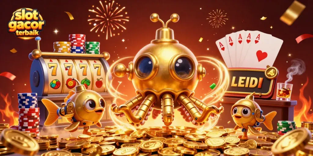 Menangkan slot gacor terbaik dengan gambar detail 3D yang menunjukkan kraken dan elemen kasino.
